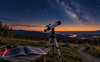 looking at the night sky through a telescope.