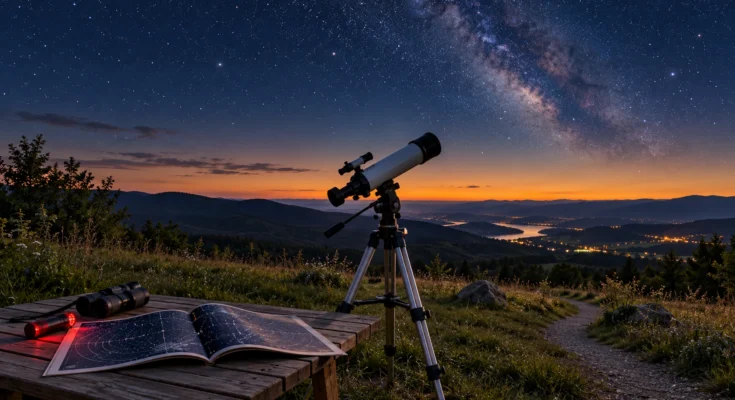 looking at the night sky through a telescope.
