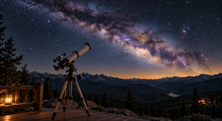 stargazing at the night sky with a telescope